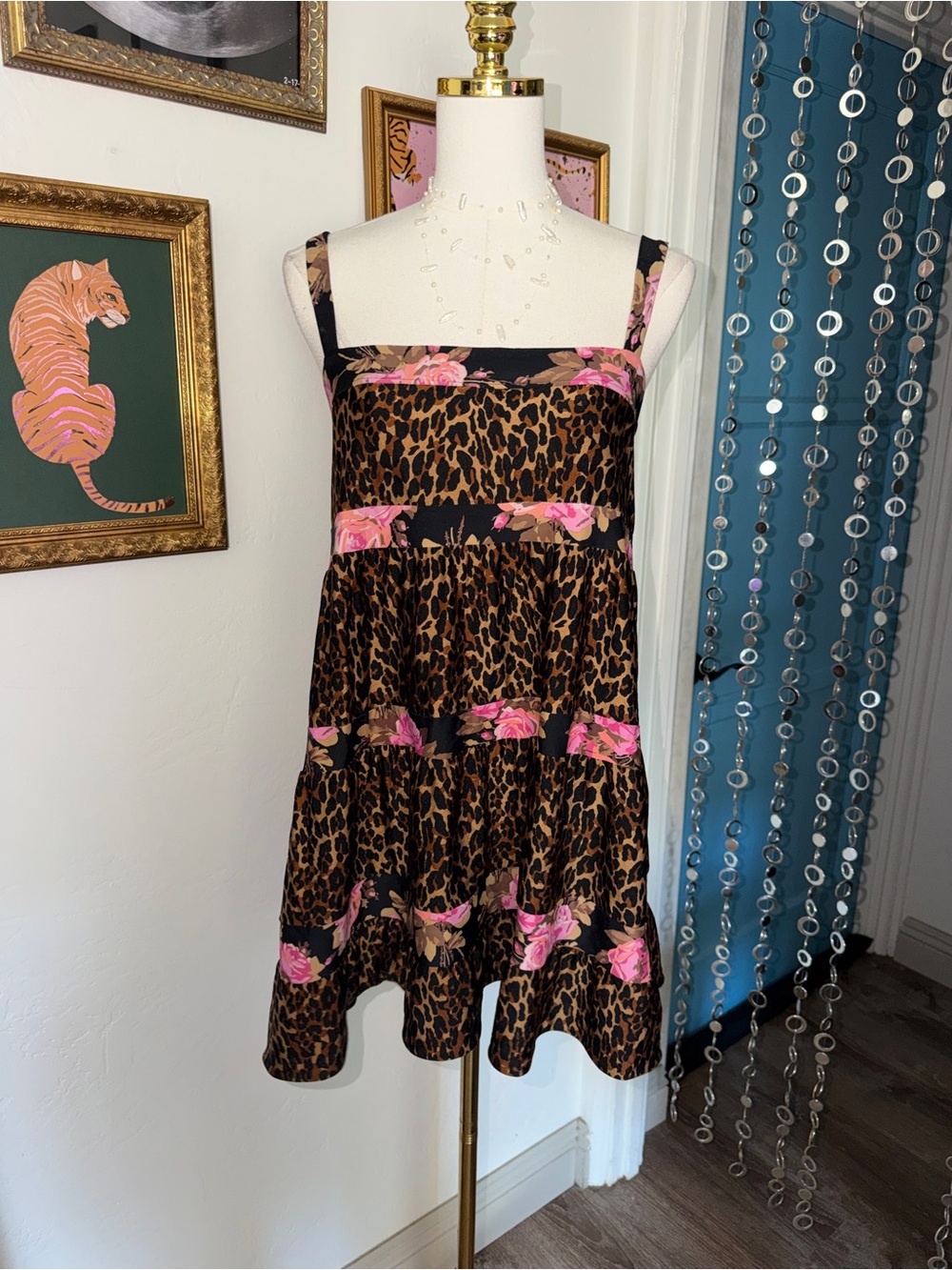 Y2K Betsey Johnson Leopard Print Tiered Dress with Pink Floral Accents
